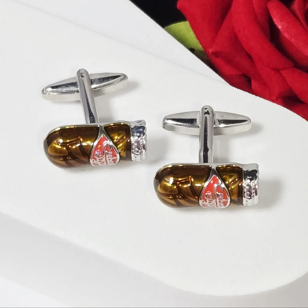 Brown Cuban Cigar Men’s Novelty French Cufflinks Silver Plated Bullet Back Gift